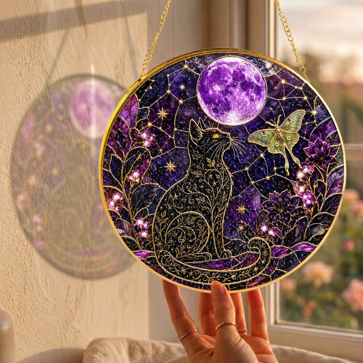 Celestial cat and purple moon stained glass suncatcher luminous stained glass artwork