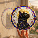 Mystical cat moon mandala stained glass suncatcher luminous stained glass artwork