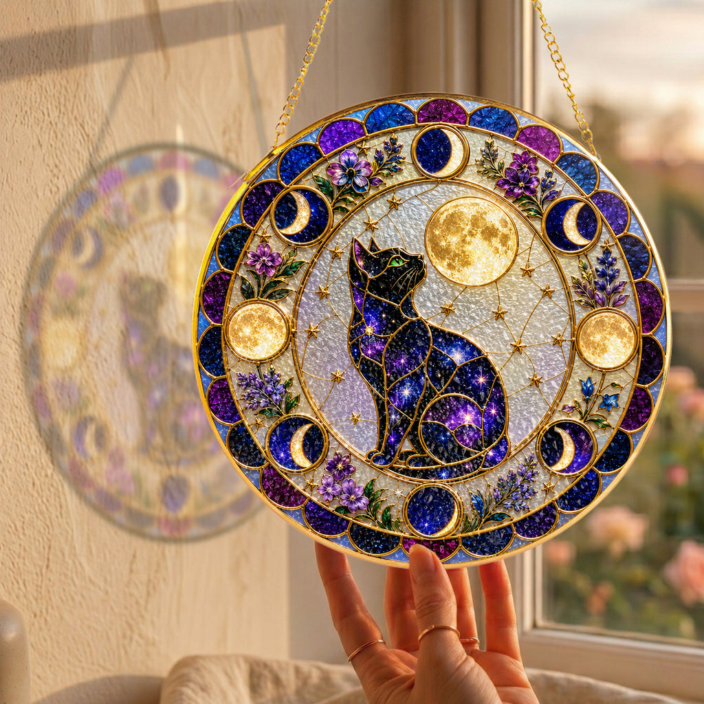 Galaxy cat moon phases stained glass suncatcher luminous stained glass artwork