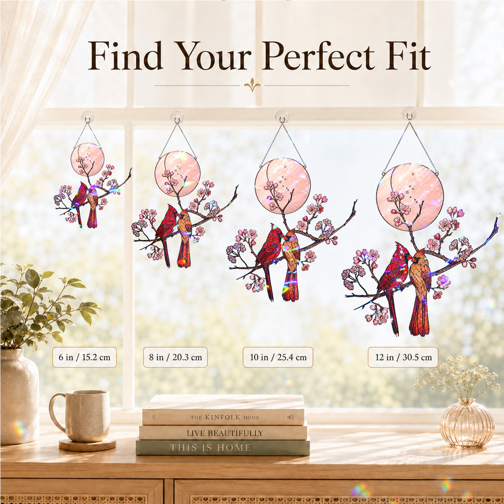 Cardinal Couple & Cherry Blossom Moon Holographic Acrylic Suncatcher