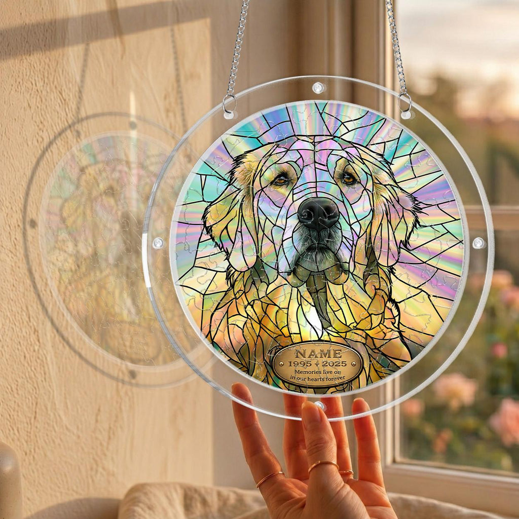 Product detail — front and back views, sizes and hanging hardware of the golden doodle memorial puzzle suncatcher