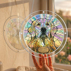 Product detail — front and back views, sizes and hanging hardware of the golden doodle memorial puzzle suncatcher
