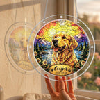 Product detail — front and back views, sizes and hanging hardware of the golden retriever memorial puzzle suncatcher