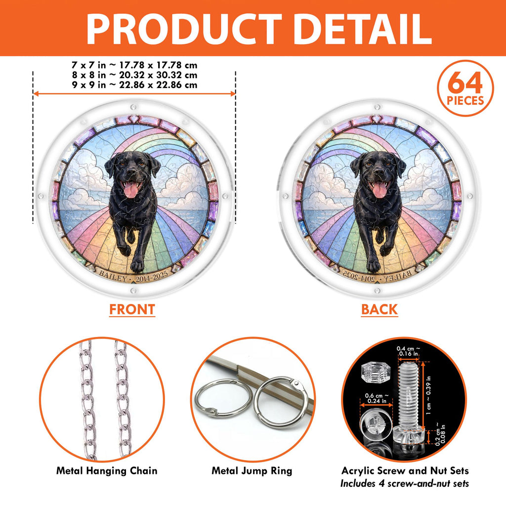 Product detail — front and back views, sizes and hanging hardware of the black Labrador memorial puzzle suncatcher