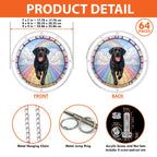 Product detail — front and back views, sizes and hanging hardware of the black Labrador memorial puzzle suncatcher