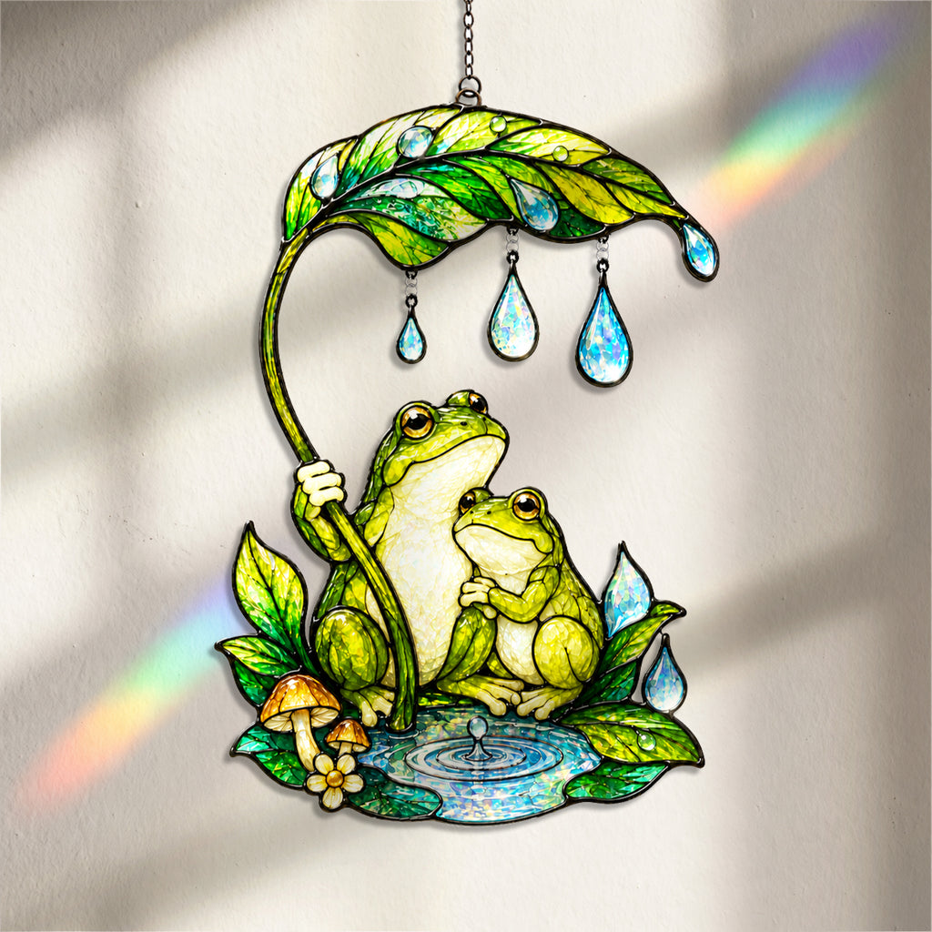 Frog Couple & Leaf Umbrella Holographic Acrylic Suncatcher