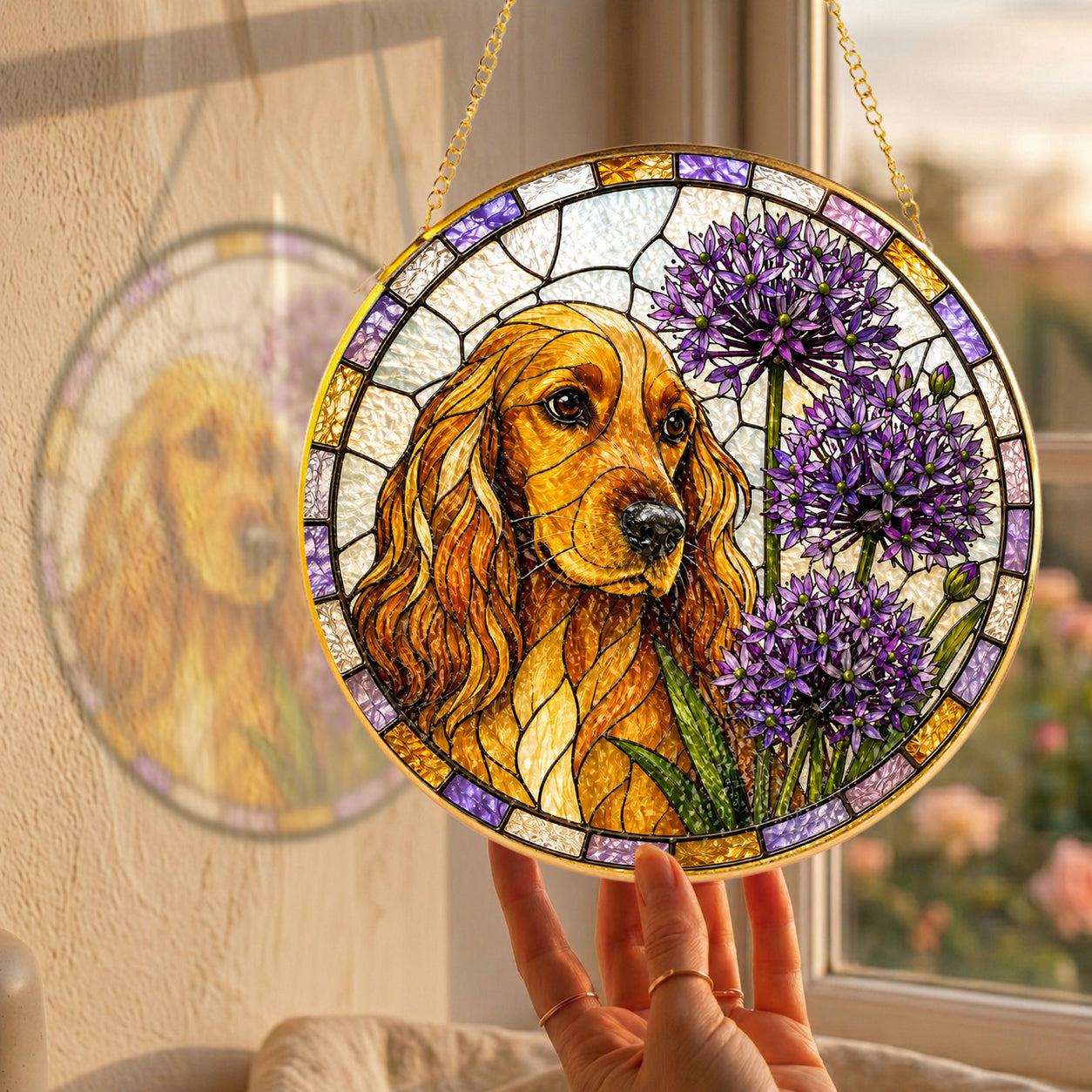 Cocker Spaniel & Allium Suncatcher close-up detail