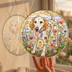 Dog & Wildflowers Stained Glass Suncatcher close-up detail