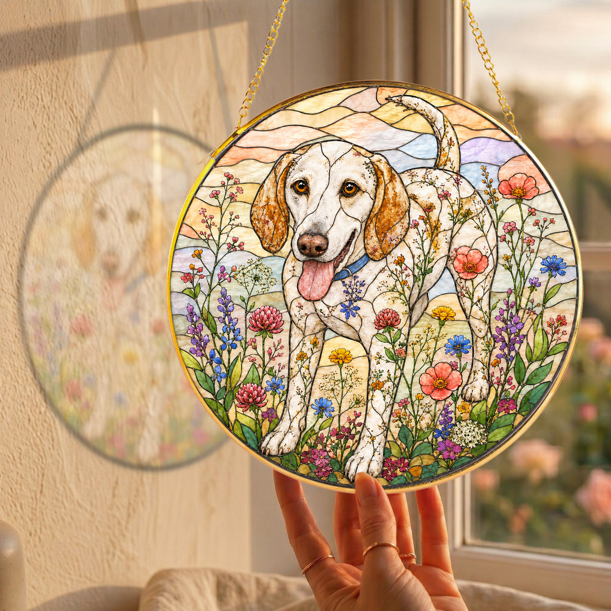 Dog & Wildflowers Stained Glass Suncatcher close-up detail