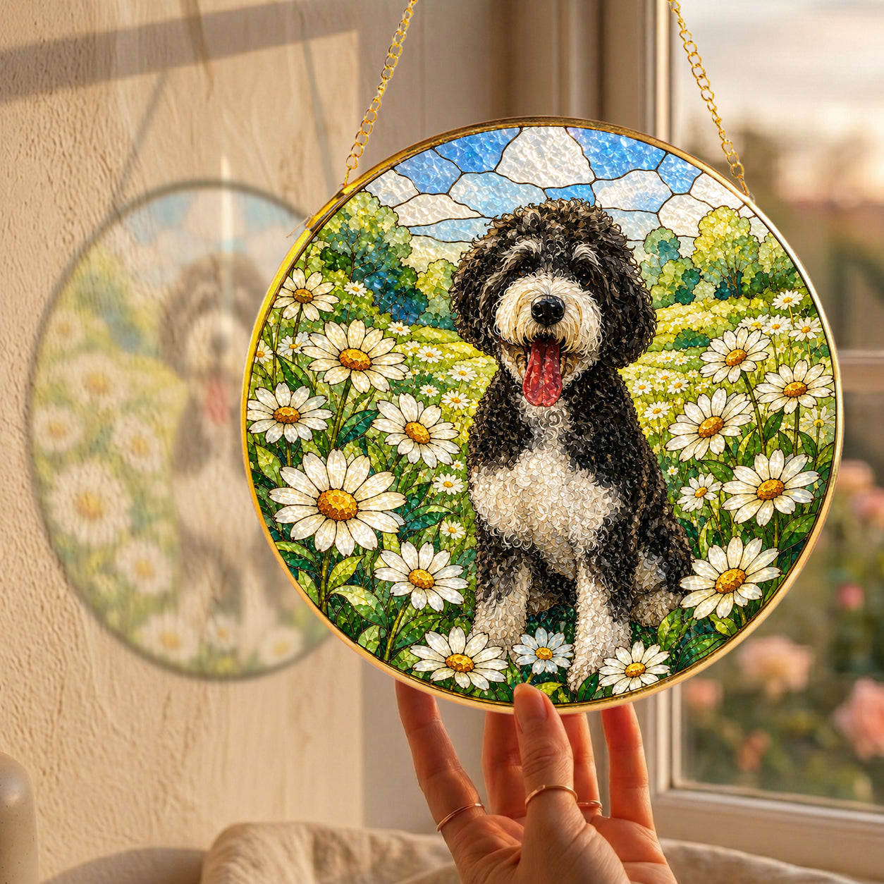 Doodle Dog in Daisy Field Suncatcher close-up detail