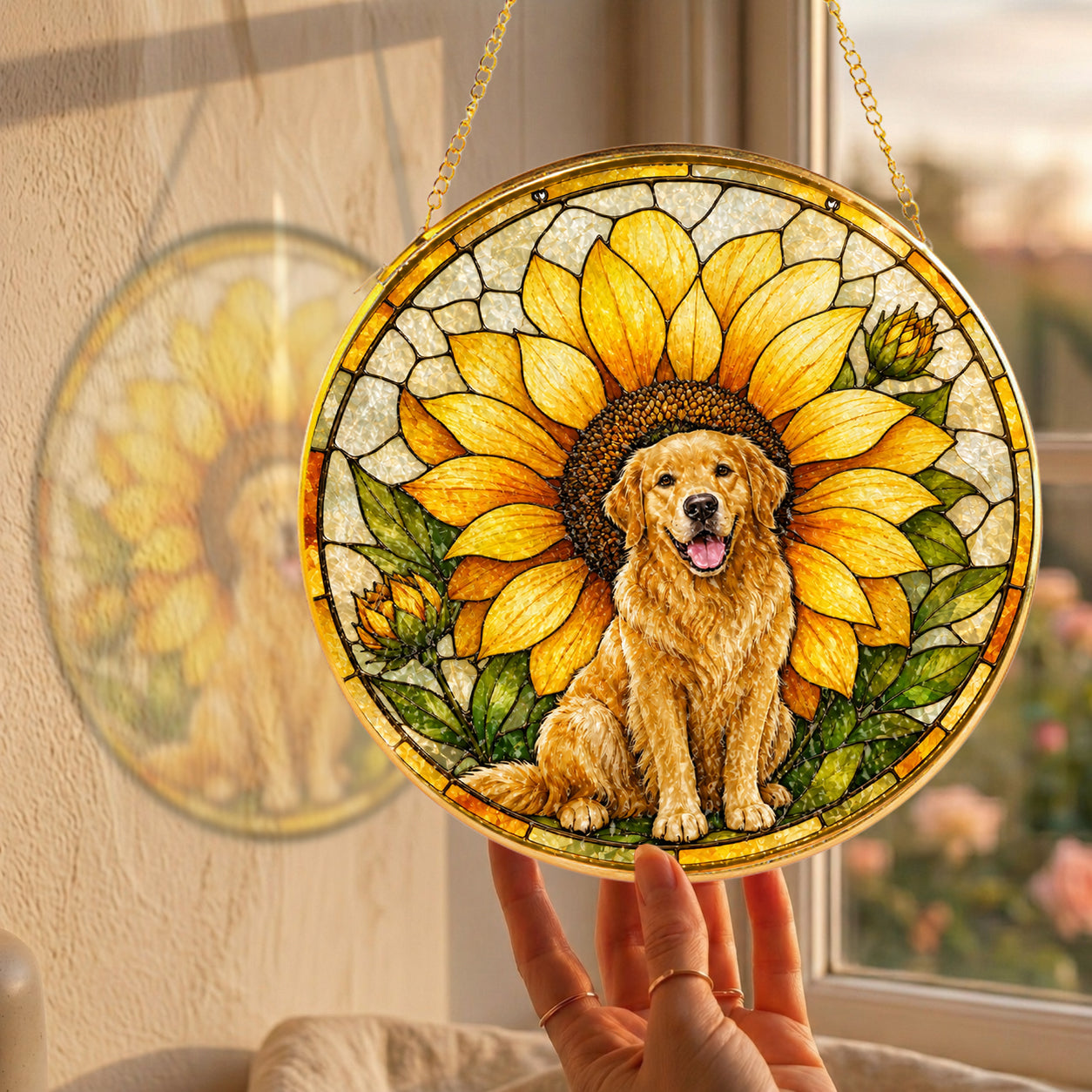 Golden Retriever Sunflower Suncatcher close-up detail