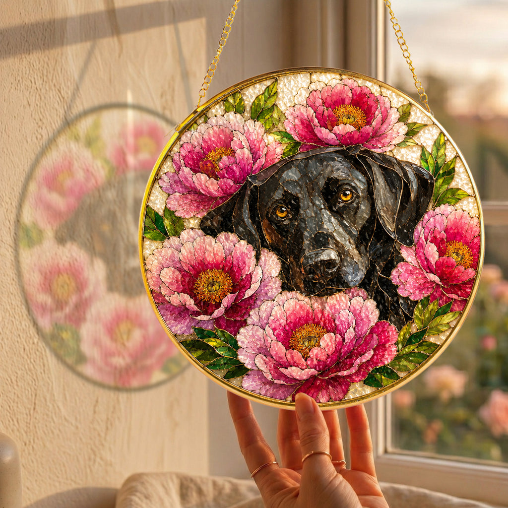 Black Lab & Peonies Glass Suncatcher close-up detail