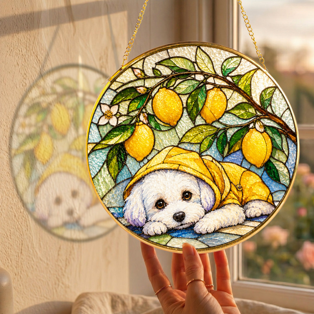 White Puppy & Lemons Glass Suncatcher close-up detail