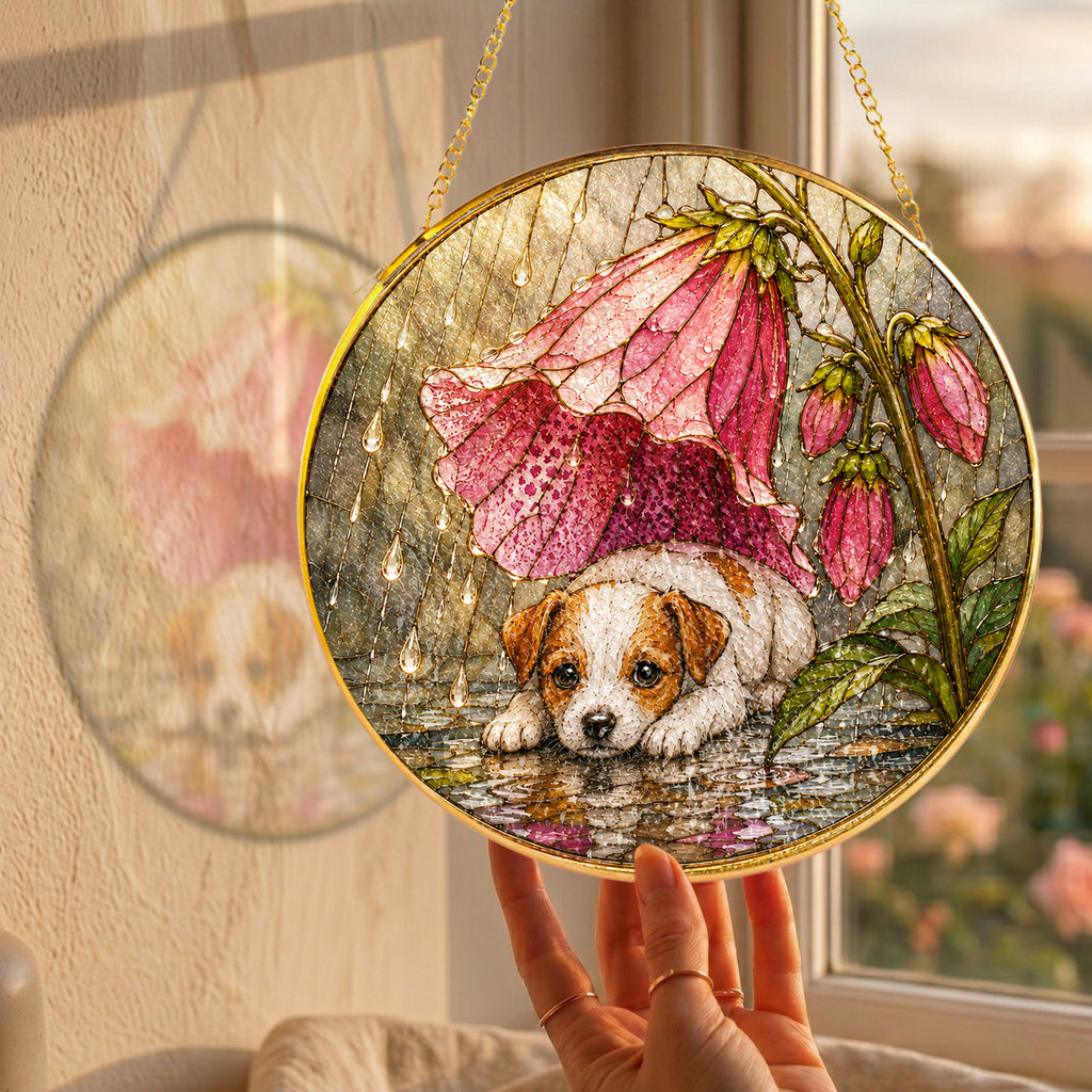 Puppy & Pink Flower Rain Suncatcher close-up detail