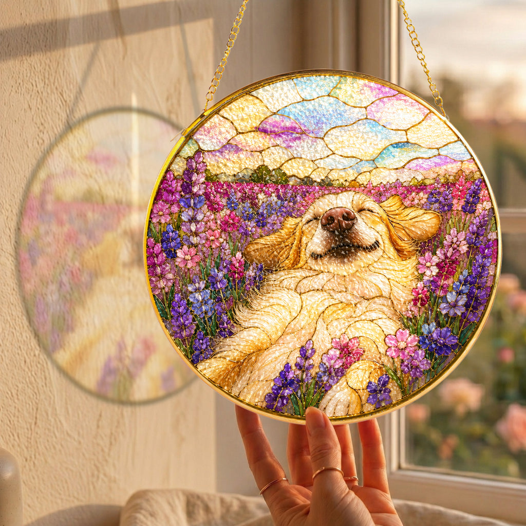 Golden Pup in Lavender Field Suncatcher close-up detail