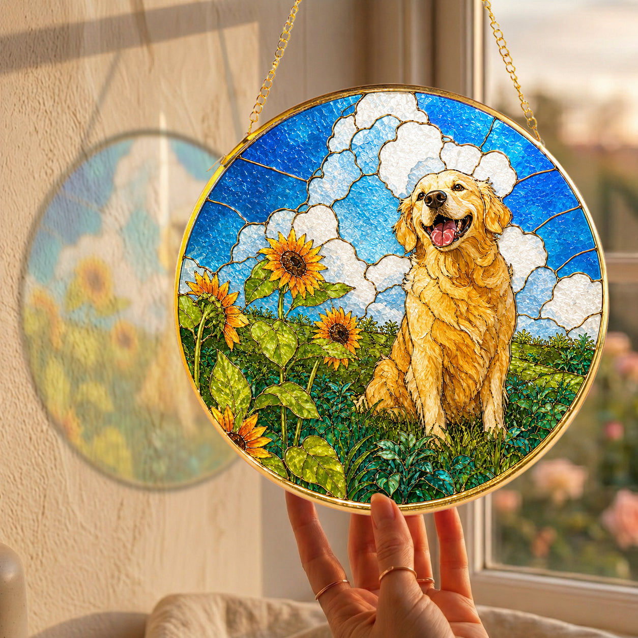 Golden Retriever Sunflower Field Suncatcher close-up detail