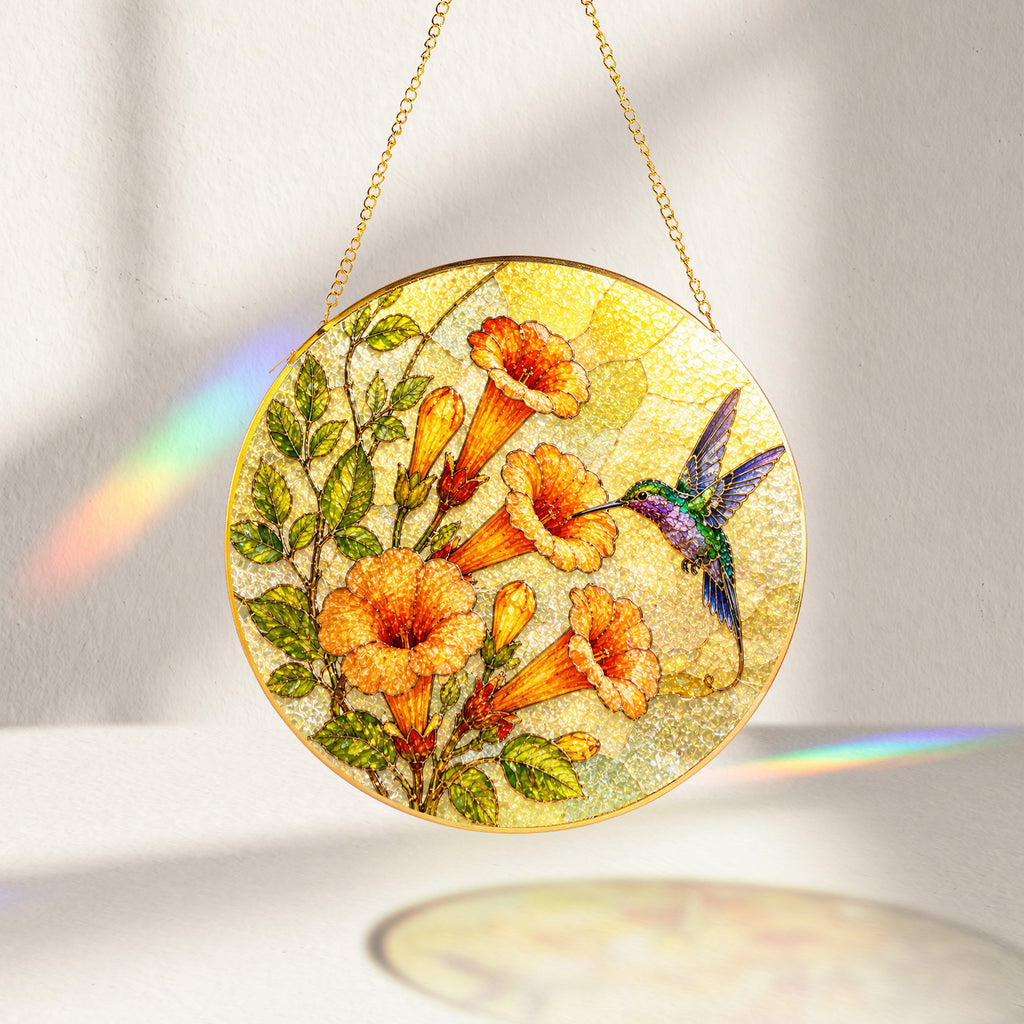 Hummingbird & Trumpet Flower Stained Glass Suncatcher
