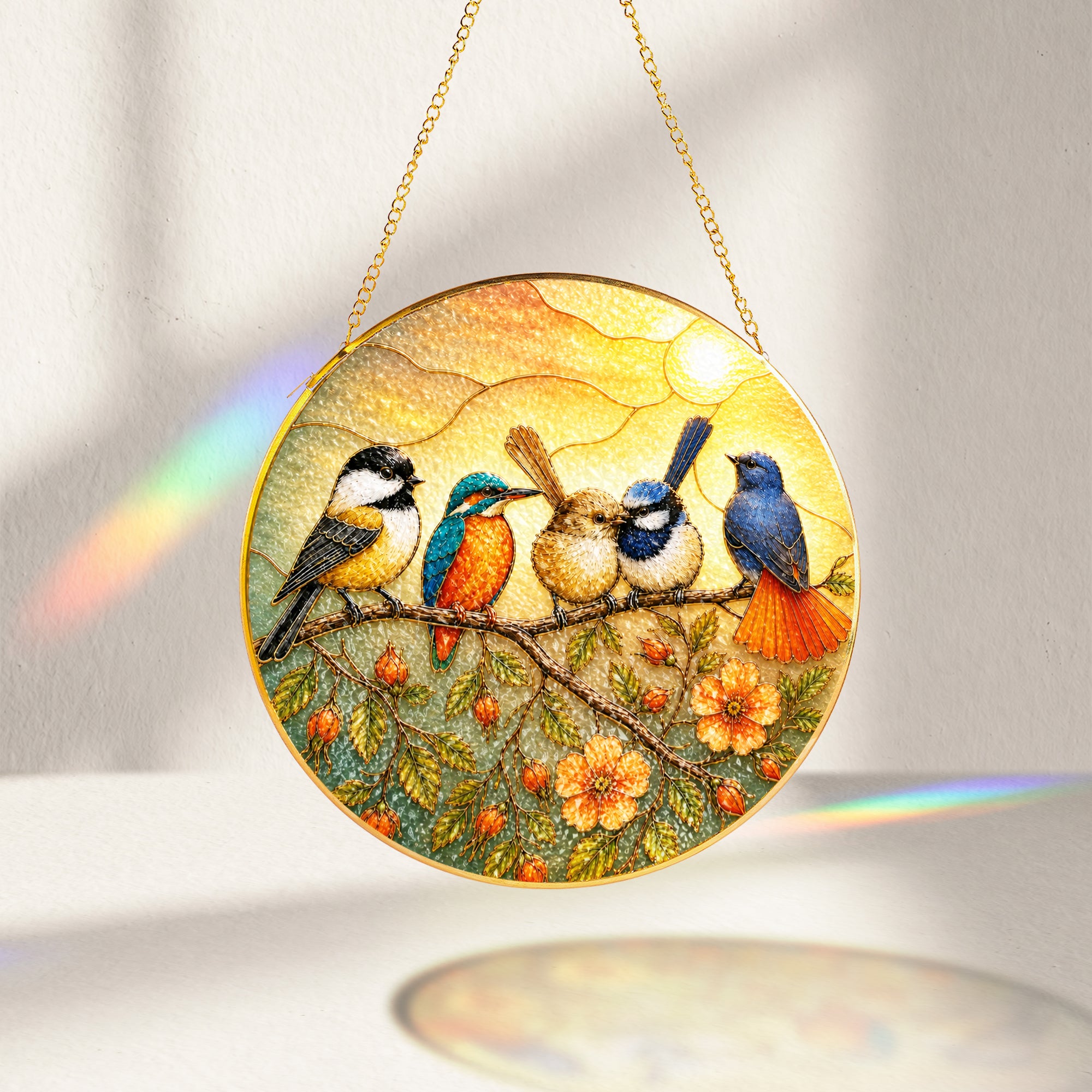 Colorful Birds on a Branch Stained Glass Suncatcher