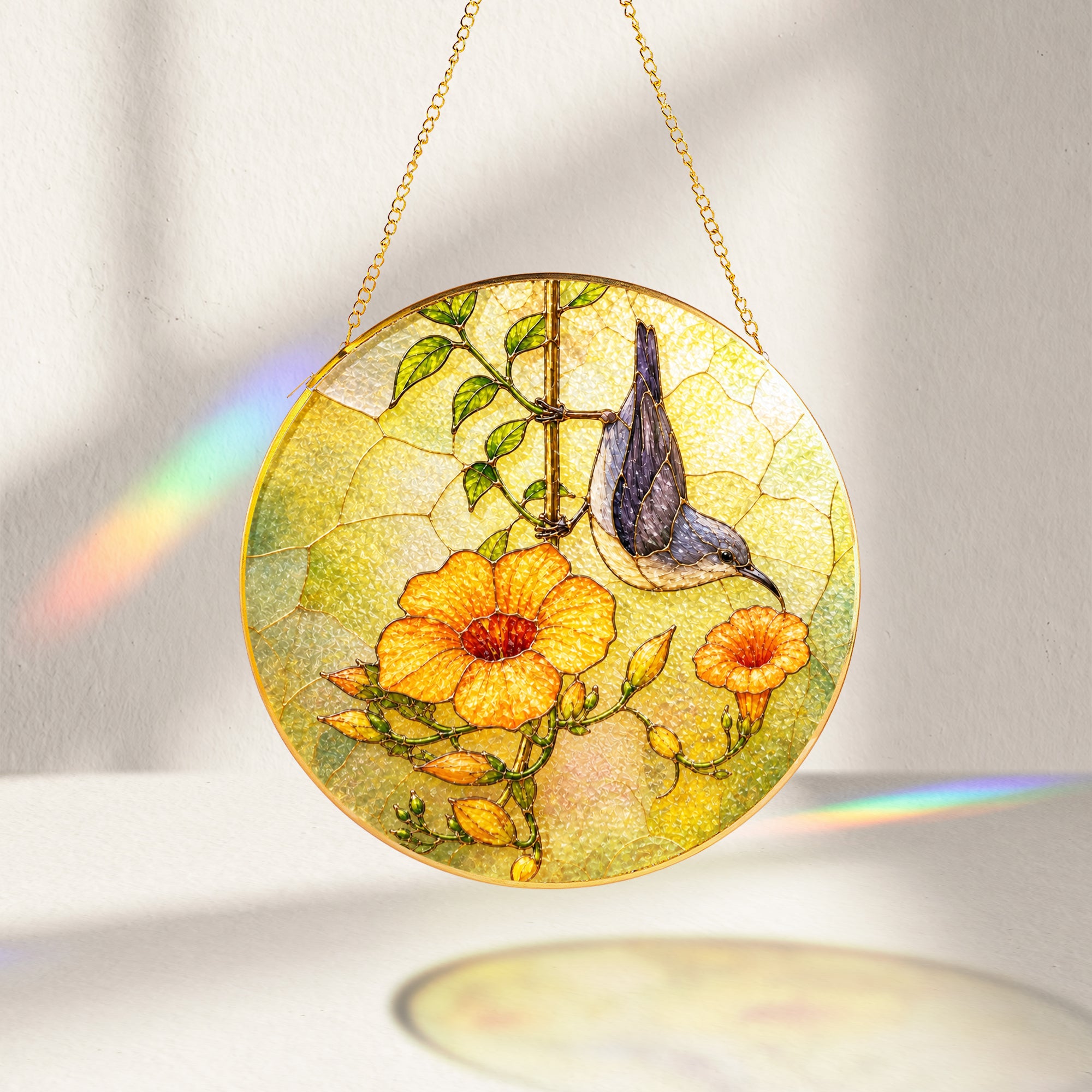 Nuthatch & Trumpet Flower Stained Glass Suncatcher