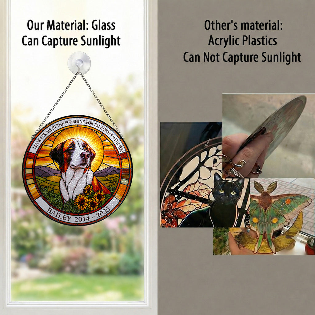 Glass dog memorial suncatcher captures sunlight compared with acrylic plastic