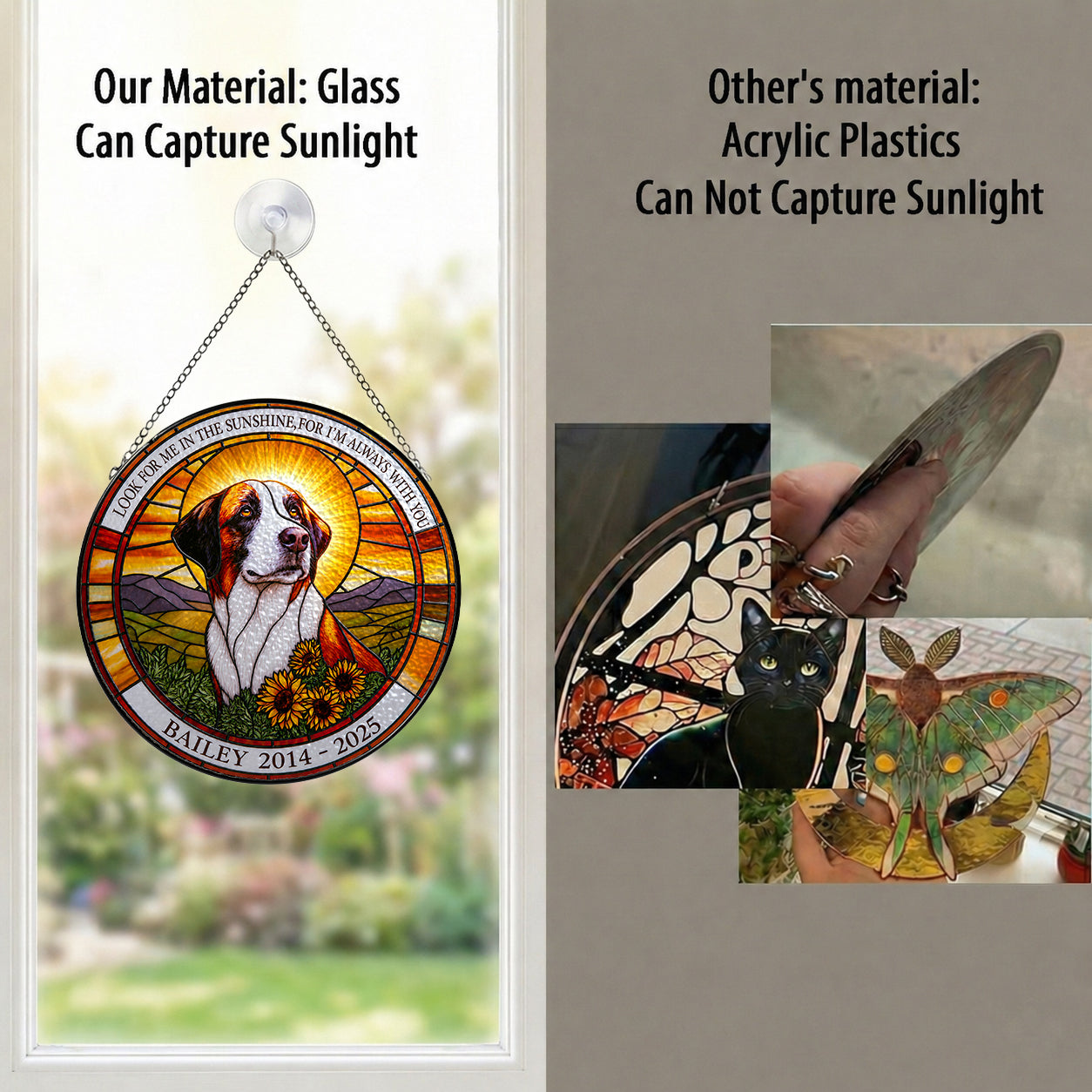 Glass dog memorial suncatcher captures sunlight compared with acrylic plastic