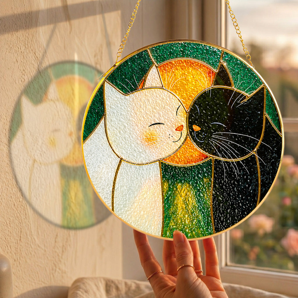 Cuddling cats stained glass suncatcher luminous stained glass artwork