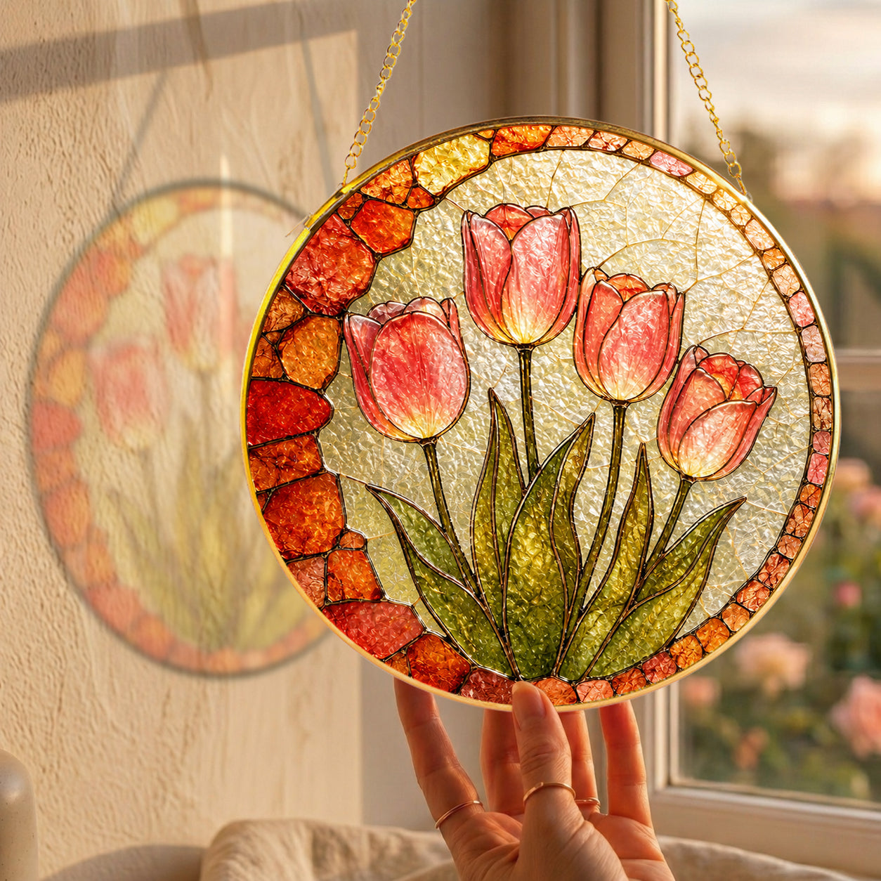 Pink tulip stained glass suncatcher luminous stained glass artwork