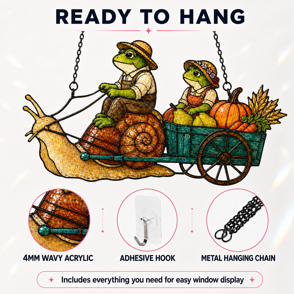 Frog Couple Pumpkin Harvest Snail Cart Holographic Acrylic Suncatcher