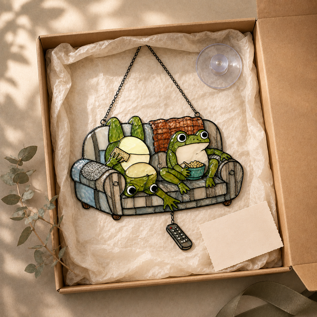 Frog Couple Movie Night on Couch Holographic Acrylic Suncatcher