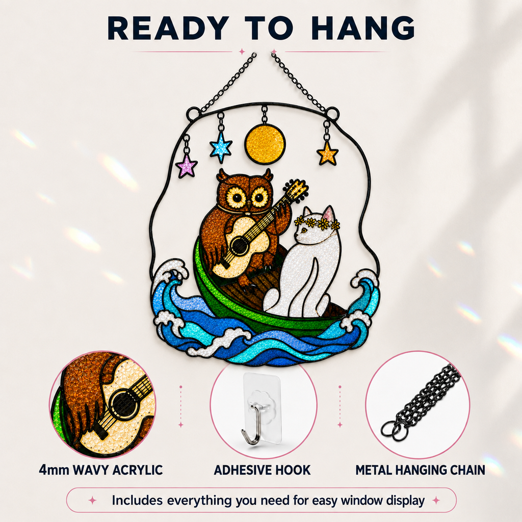 Owl and Cat Couple in a Boat Holographic Acrylic Suncatcher