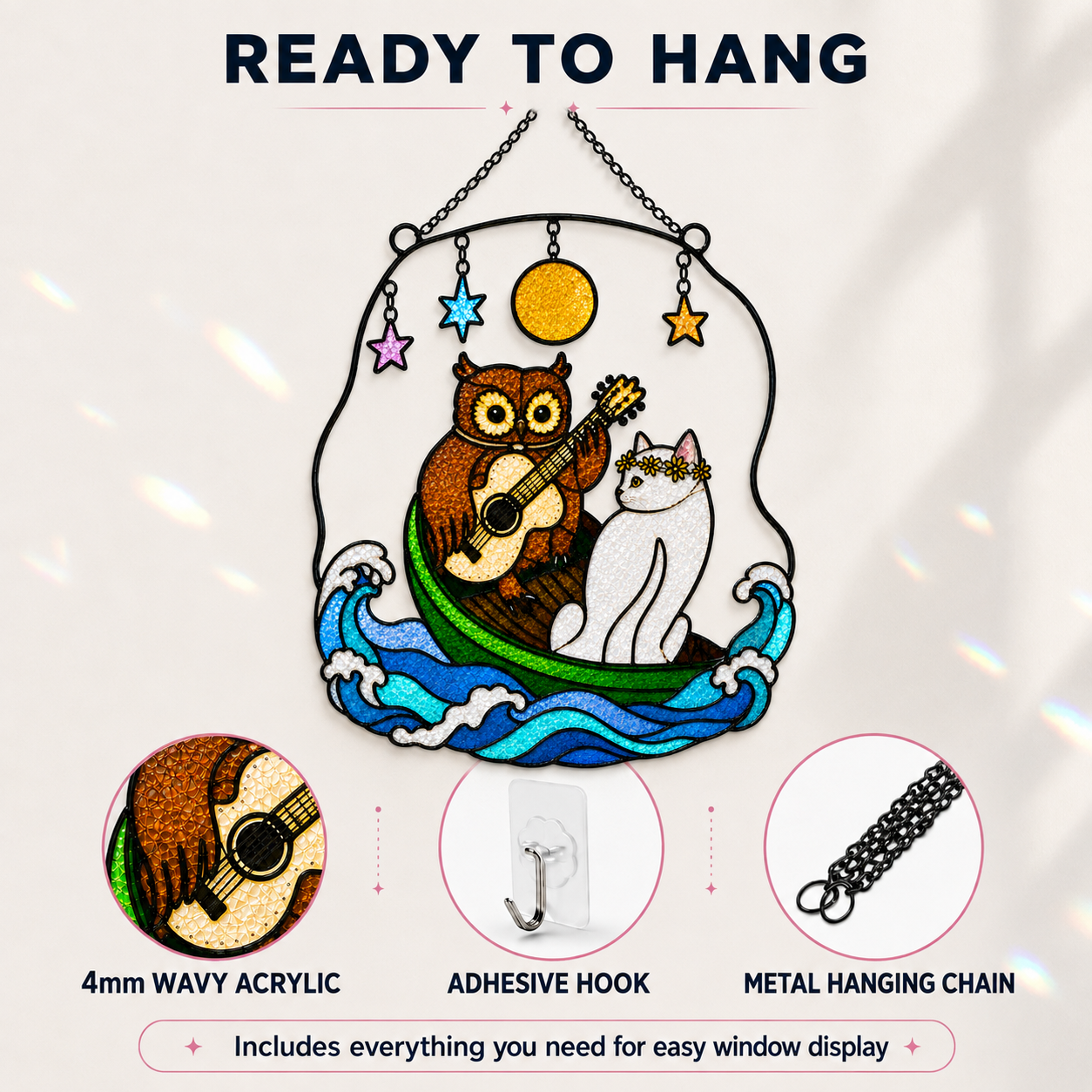 Owl and Cat Couple in a Boat Holographic Acrylic Suncatcher