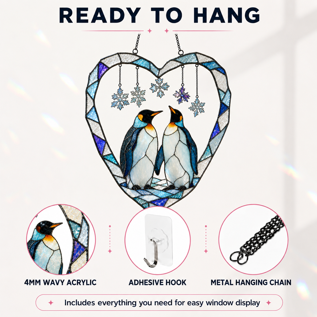 Penguin Couple Heart Snowflake Holographic Acrylic Suncatcher