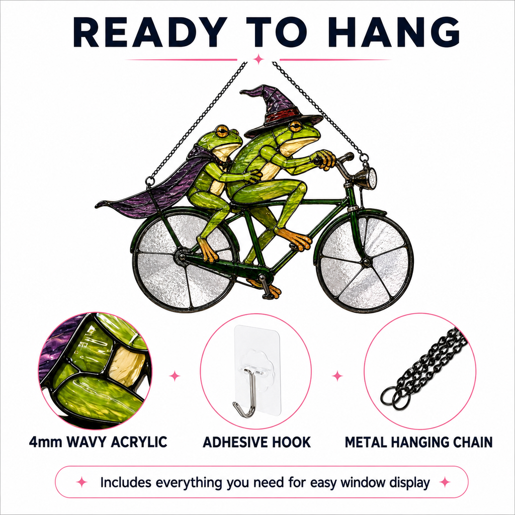 Witch Frog Couple on a Bicycle Holographic Acrylic Suncatcher
