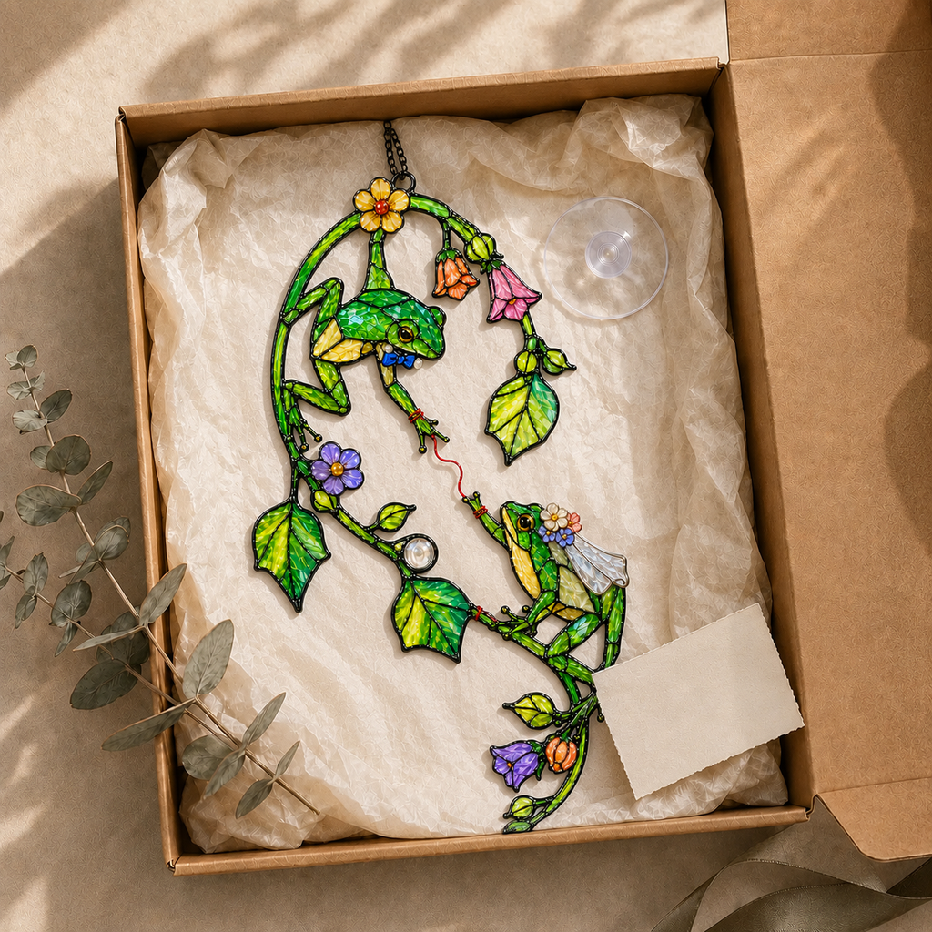 Frog Couple on Flower Vine Holographic Acrylic Suncatcher