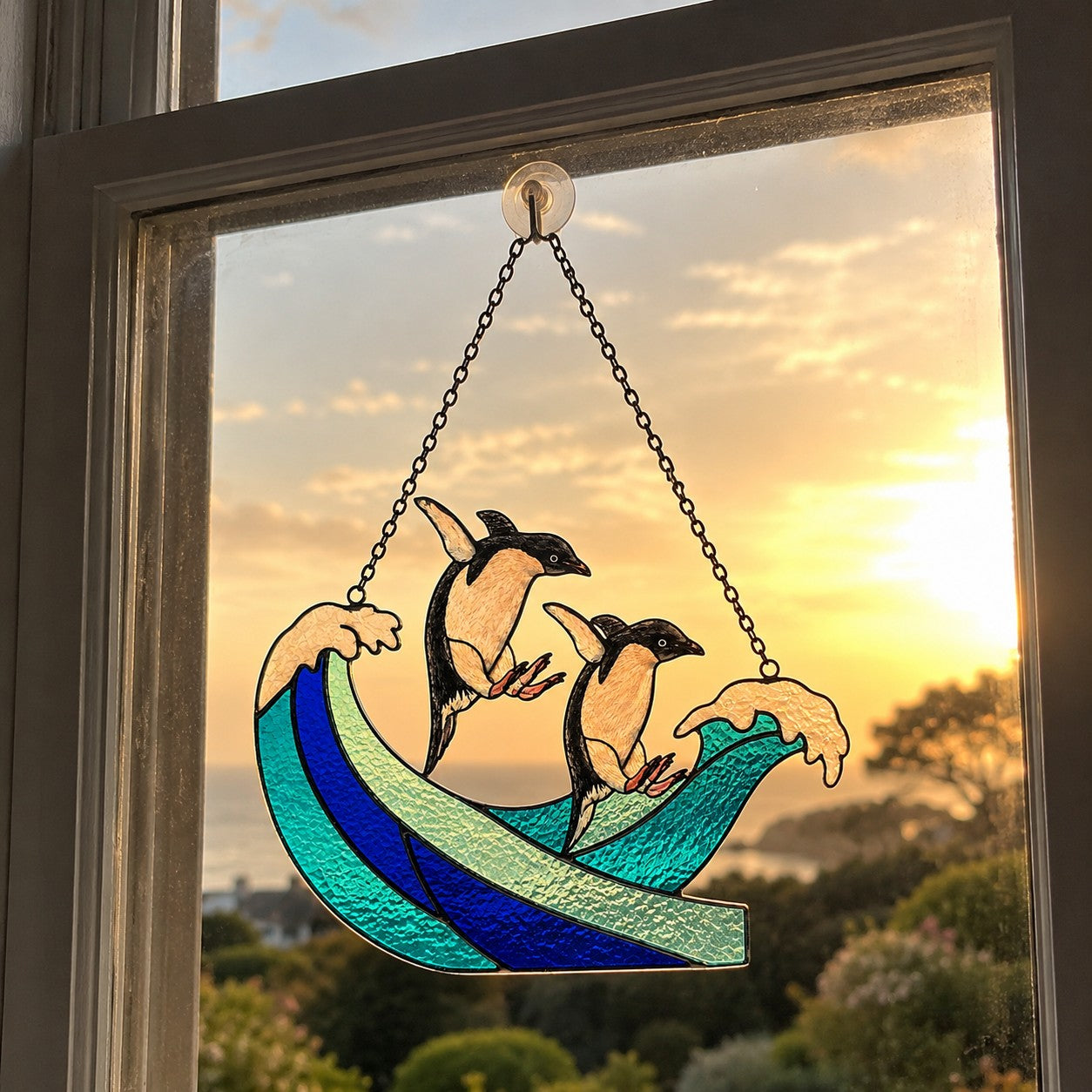 Personalized Penguin Couple Ocean Wave Holographic Acrylic Suncatcher