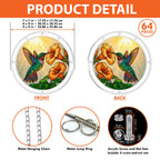 Product detail — front and back views, sizes and hanging hardware of the hummingbird trumpet-flower puzzle suncatcher