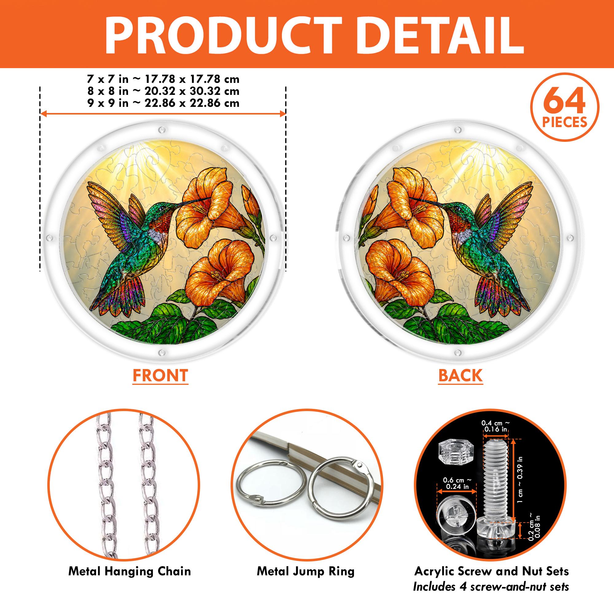 Product detail — front and back views, sizes and hanging hardware of the hummingbird trumpet-flower puzzle suncatcher