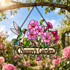 Personalized Nanny's Garden Hummingbird & Pink Blossom Holographic Acrylic Suncatcher