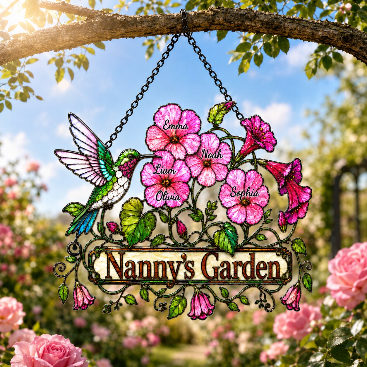Personalized Nanny's Garden Hummingbird & Pink Blossom Holographic Acrylic Suncatcher