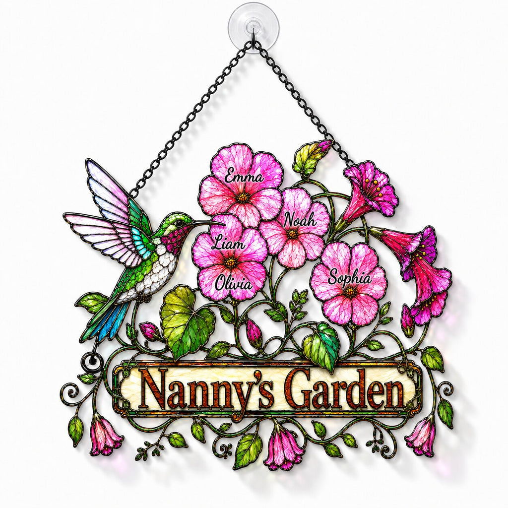 Personalized Nanny's Garden Hummingbird & Pink Blossom Holographic Acrylic Suncatcher