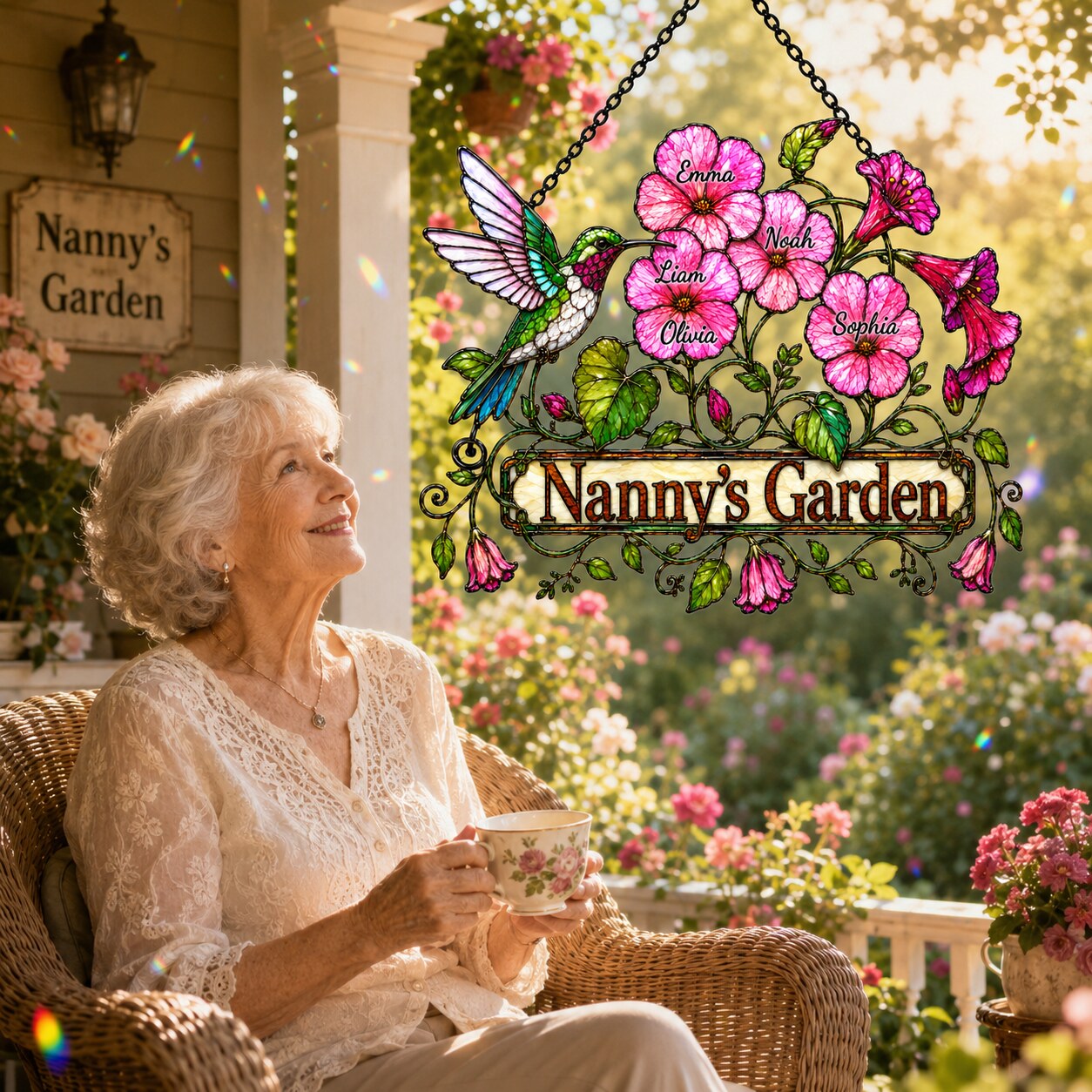 Personalized Nanny's Garden Hummingbird & Pink Blossom Holographic Acrylic Suncatcher