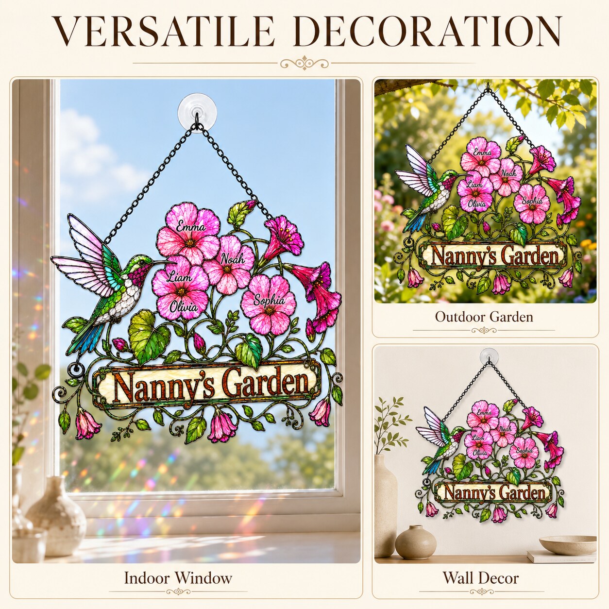 Personalized Nanny's Garden Hummingbird & Pink Blossom Holographic Acrylic Suncatcher