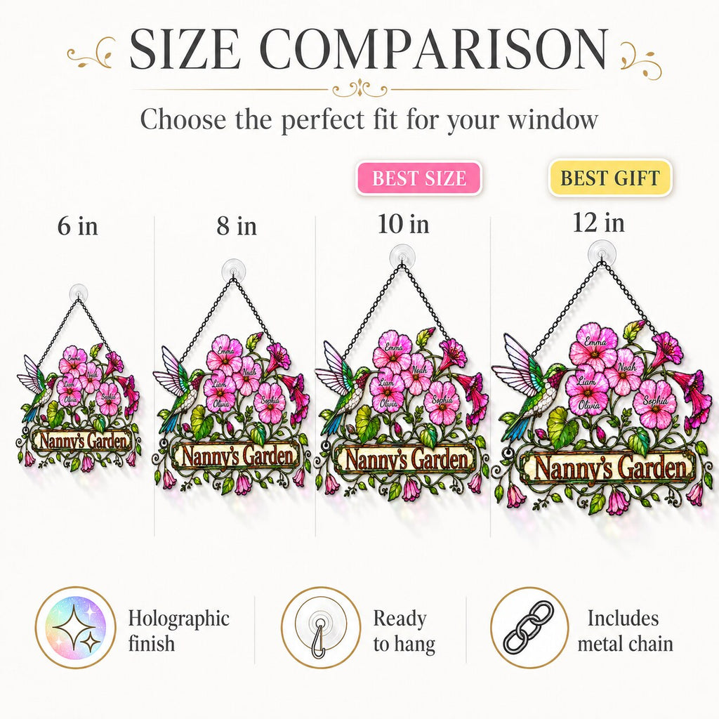 Personalized Nanny's Garden Hummingbird & Pink Blossom Holographic Acrylic Suncatcher