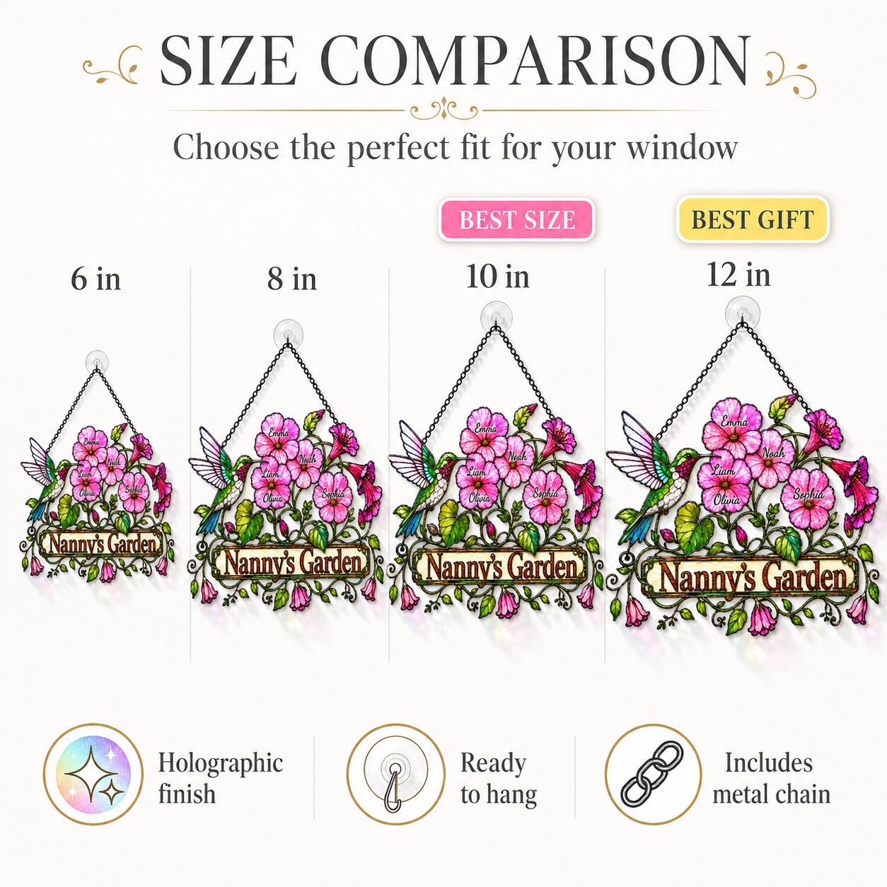 Personalized Nanny's Garden Hummingbird & Pink Blossom Holographic Acrylic Suncatcher