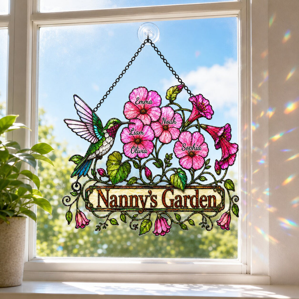 Personalized Nanny's Garden Hummingbird & Pink Blossom Holographic Acrylic Suncatcher