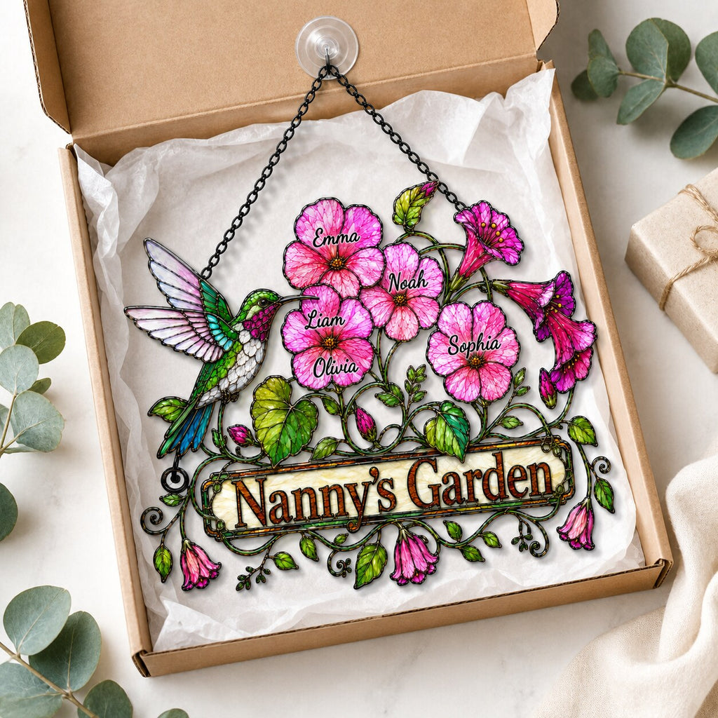 Personalized Nanny's Garden Hummingbird & Pink Blossom Holographic Acrylic Suncatcher