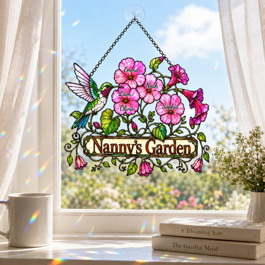 Personalized Nanny's Garden Hummingbird & Pink Blossom Holographic Acrylic Suncatcher
