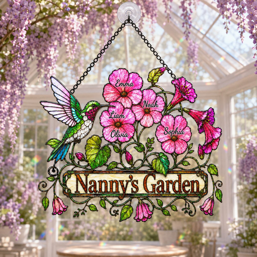 Personalized Nanny's Garden Hummingbird & Pink Blossom Holographic Acrylic Suncatcher
