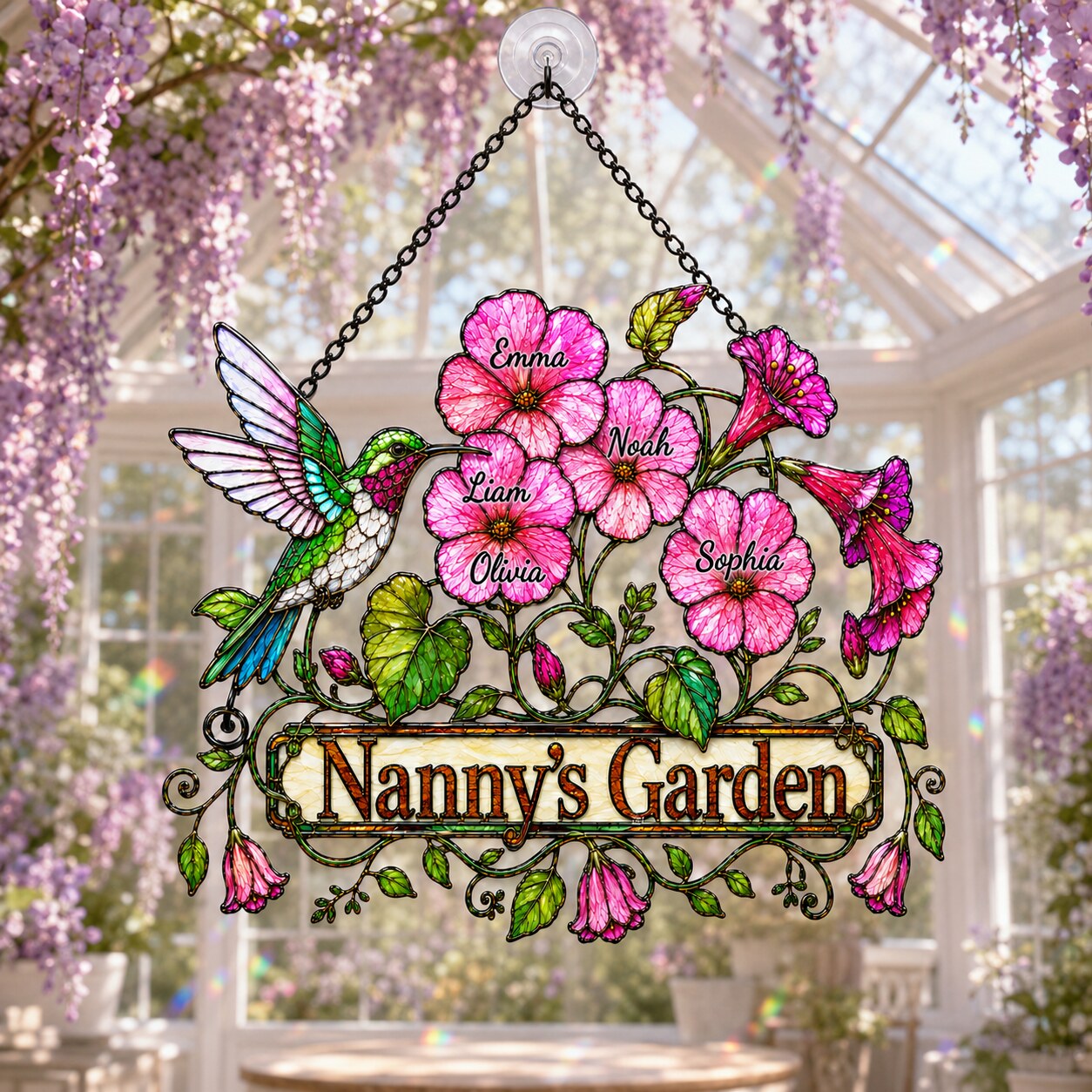 Personalized Nanny's Garden Hummingbird & Pink Blossom Holographic Acrylic Suncatcher