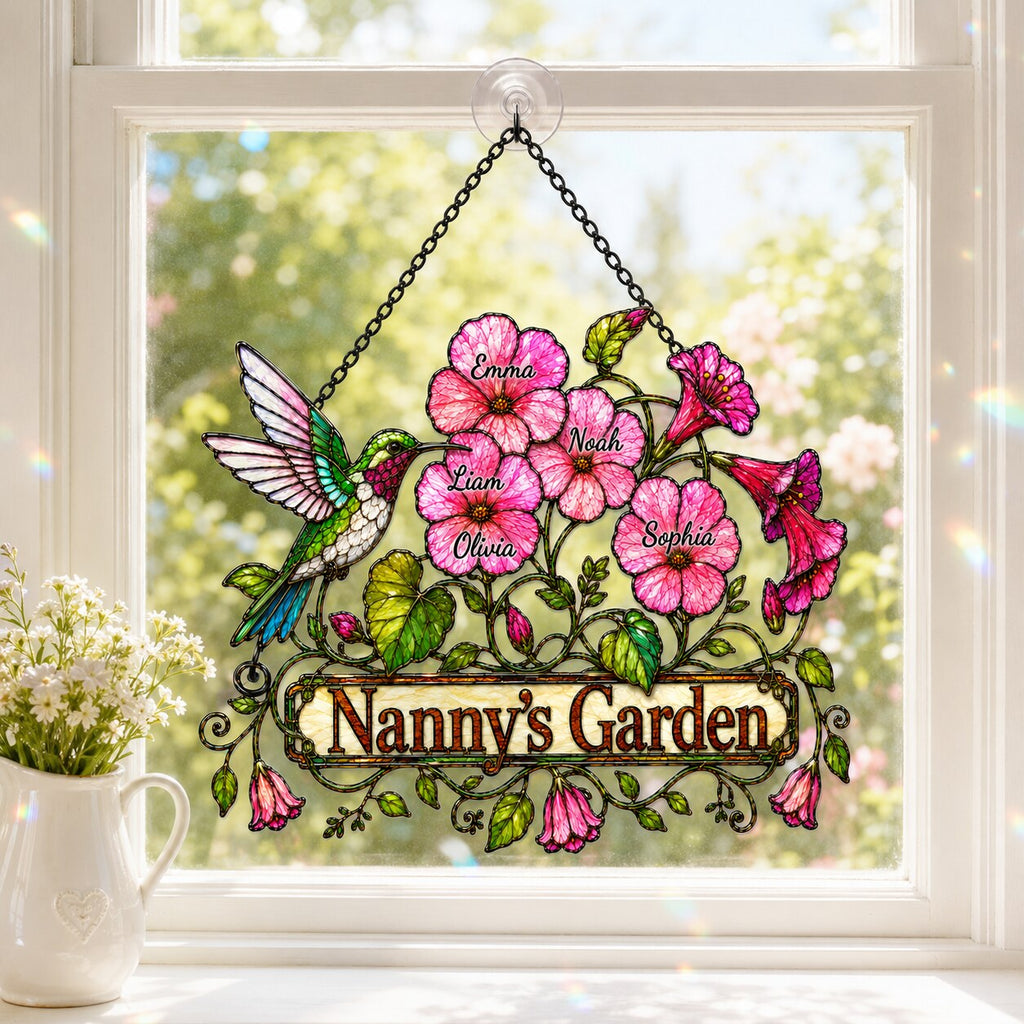 Personalized Nanny's Garden Hummingbird & Pink Blossom Holographic Acrylic Suncatcher